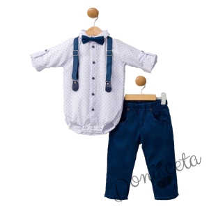 Бебешки комплект от боди-риза в бяло  с дълъг ръкав, панталон,тиранти и папийонка в тъмносиньо