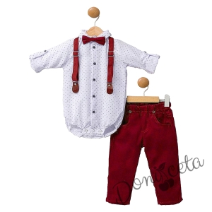 Бебешки комплект от боди-риза в бяло  с ръкав, панталон, тиранти и папийонка в бордо