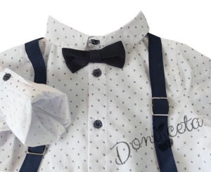 Бебешки комплект от боди-риза в бяло  с дълъг ръкав, панталон, тиранти и папийонка в черно
