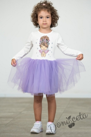 Детска рокля с дълъг ръкав с тюл в лилаво