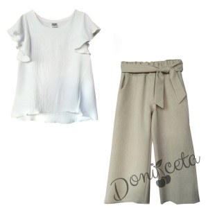Комплект за момиче от блуза в бяло и панталон в бежово