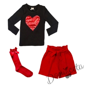 Комплект от блуза със сърце в черно,къси панталони в червено и 3/4 чорапи