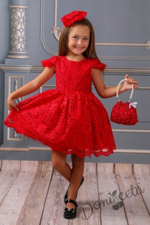 Детска рокля с къс ръкав от дантела в червено на цветя, панделка за коса и чанта