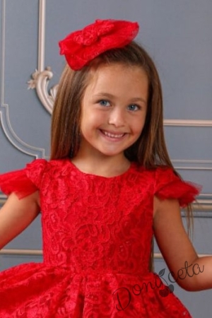 Детска рокля с къс ръкав от дантела в червено на цветя, панделка за коса и чанта 2