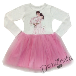Детска рокля с дълъг ръкав в бяло с момиче и тюл в розово 7346247