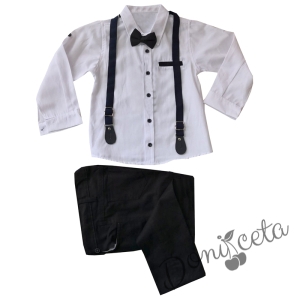 Комплект от риза в бяло, панталон, папийонка и тиранти в тъмносиньо