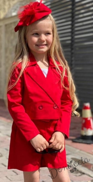 Детски комплект за момиче от къси панталони,сако и панделка в червено