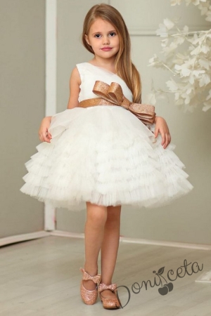 Детска рокля в бяло с тюл и златна панделка