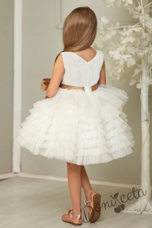 Детска рокля в бяло с тюл и златна панделка