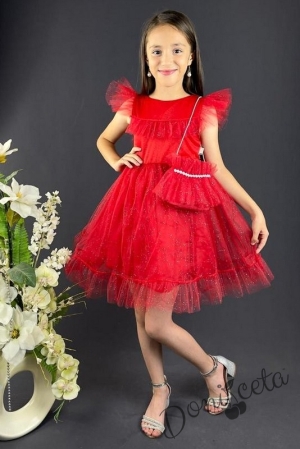 Детска официална рокля в червено с блясък и тюл с чантичка
