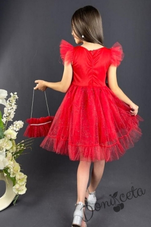 Детска официална рокля в червено с блясък и тюл с чантичка