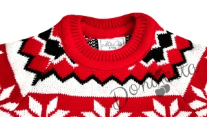 Детски коледен пуловер в червено с шапка и шал
