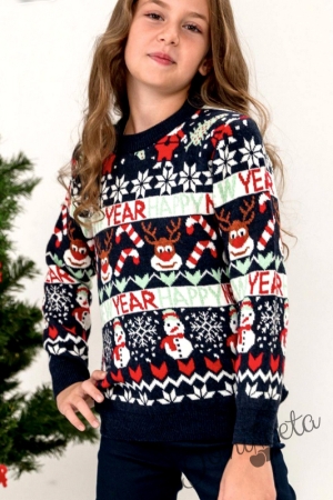 Детски коледен пуловер в тъмносиньо и бяло за момиче 235752
