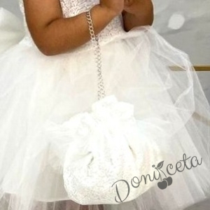 Официална детска рокля без ръкав с богат тюл и чантичка в бяло 2