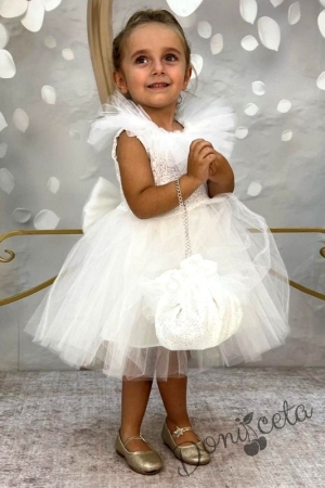 Официална детска рокля без ръкав с богат тюл и чантичка в бяло