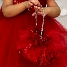 Официална детска рокля без ръкав с богат тюл и чантичка в червено 2