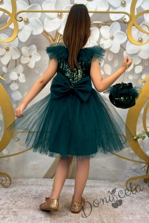 Официална детска рокля без ръкав с богат тюл в тъмнозелено