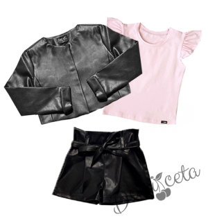 Комплект за момиче от кожено яке, кожени къси панталони в черно и тениска в розово 547533