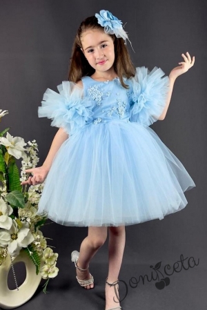 Официална детска рокля с богат тюл в светлосиньо с 3D цветенца