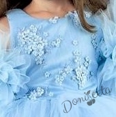 Официална детска рокля с богат тюл в светлосиньо с 3D цветенца 2