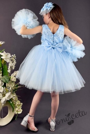 Официална детска рокля с богат тюл в светлосиньо с 3D цветенца 3