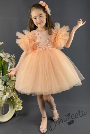 Официална детска рокля Блян с богат тюл в прасковено с 3D цветя с диадема