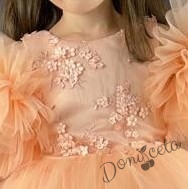 Официална детска рокля с богат тюл в прасковено с 3D цветя 2