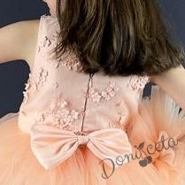 Официална детска рокля с богат тюл в прасковено с 3D цветя 4