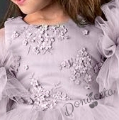 Официална детска рокля с богат тюл в тъмно пепел от рози с 3D цветя 2