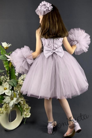 Официална детска рокля с богат тюл в тъмно пепел от рози с 3D цветя 3