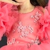 Официална детска рокля с богат тюл в цвят корал с 3D цветя 2