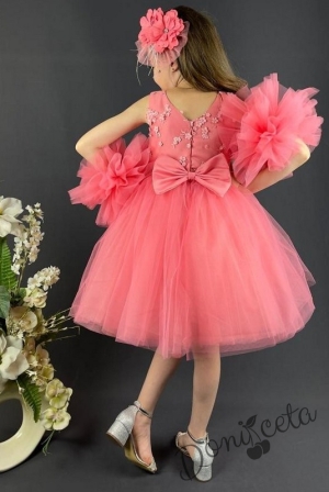 Официална детска рокля с богат тюл в цвят корал с 3D цветя 3