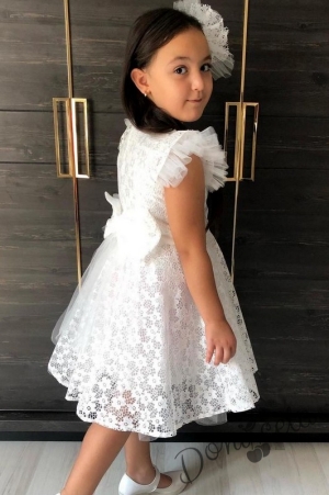 Детска рокля с къс ръкав от дантела и тюл в бяло 4