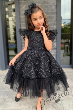 Детска рокля с къс ръкав от дантела и тюл в черно