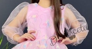 Официална детска рокля с дълъг ръкав, богат тюл и бродирани пеперуди в розово 2