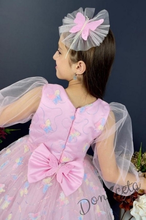 Официална детска рокля с дълъг ръкав, богат тюл и бродирани пеперуди в розово 3