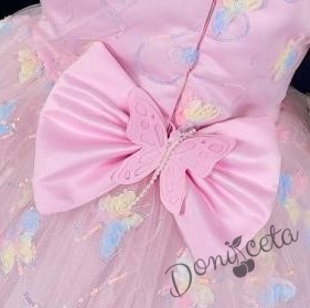 Официална детска рокля с дълъг ръкав, богат тюл и бродирани пеперуди в розово 4