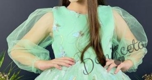 Официална детска рокля с дълъг ръкав, богат тюл и бродирани пеперуди в тюркуаз/мента 2
