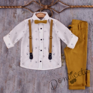 Комплект от панталон в цвят горчица, риза в бяло и папийонка