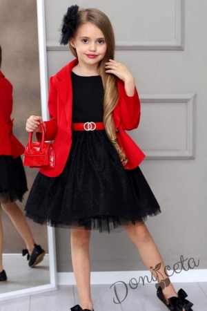 Официална детска рокля в черно с тюл, сако в червено, чантичка и панделка