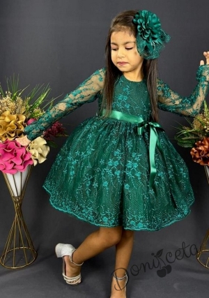 Официална детска рокля Адел с ръкав от дантела и тюл в тъмнозелено с диадема с панделка