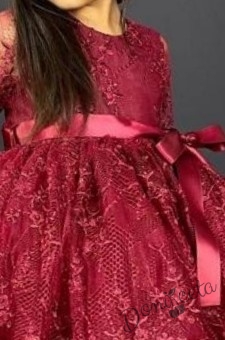 Официална детска рокля с ръкав от дантела и тюл в бордо 1
