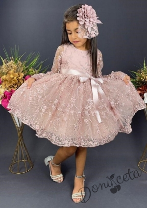 Официална детска рокля Адел с ръкав от дантела и тюл в цвят пепел от рози с аксесоар за коса