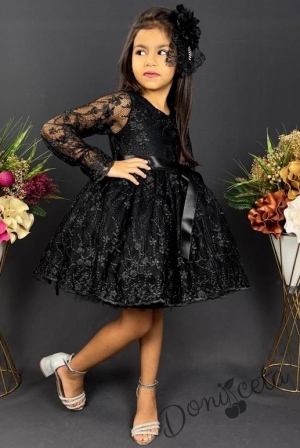 Официална детска рокля Адел с ръкав от дантела и тюл в черно