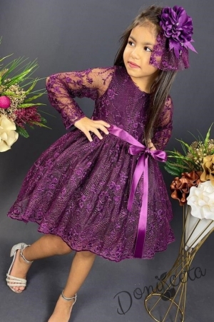 Официална детска рокля Адел с ръкав от дантела и тюл в тъмно лилаво