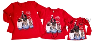 Коледна детска блуза с дълъг ръкав в червено с майка и деца