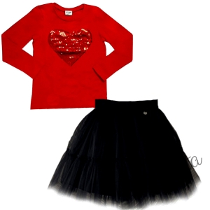 Комплект от пола в черно и  блуза със сърце от пайети в червено