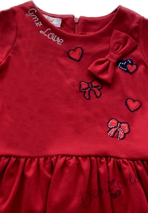 Детска рокля с дълъг ръкав в червено със сърчица и панделка