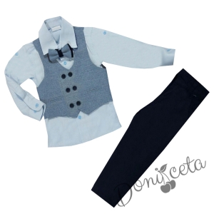 Официален костюм момче от елек в синьо, риза в бяло, панталон и папийонка