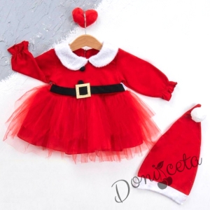 Коледн рокля  в червено с коланче и шапка